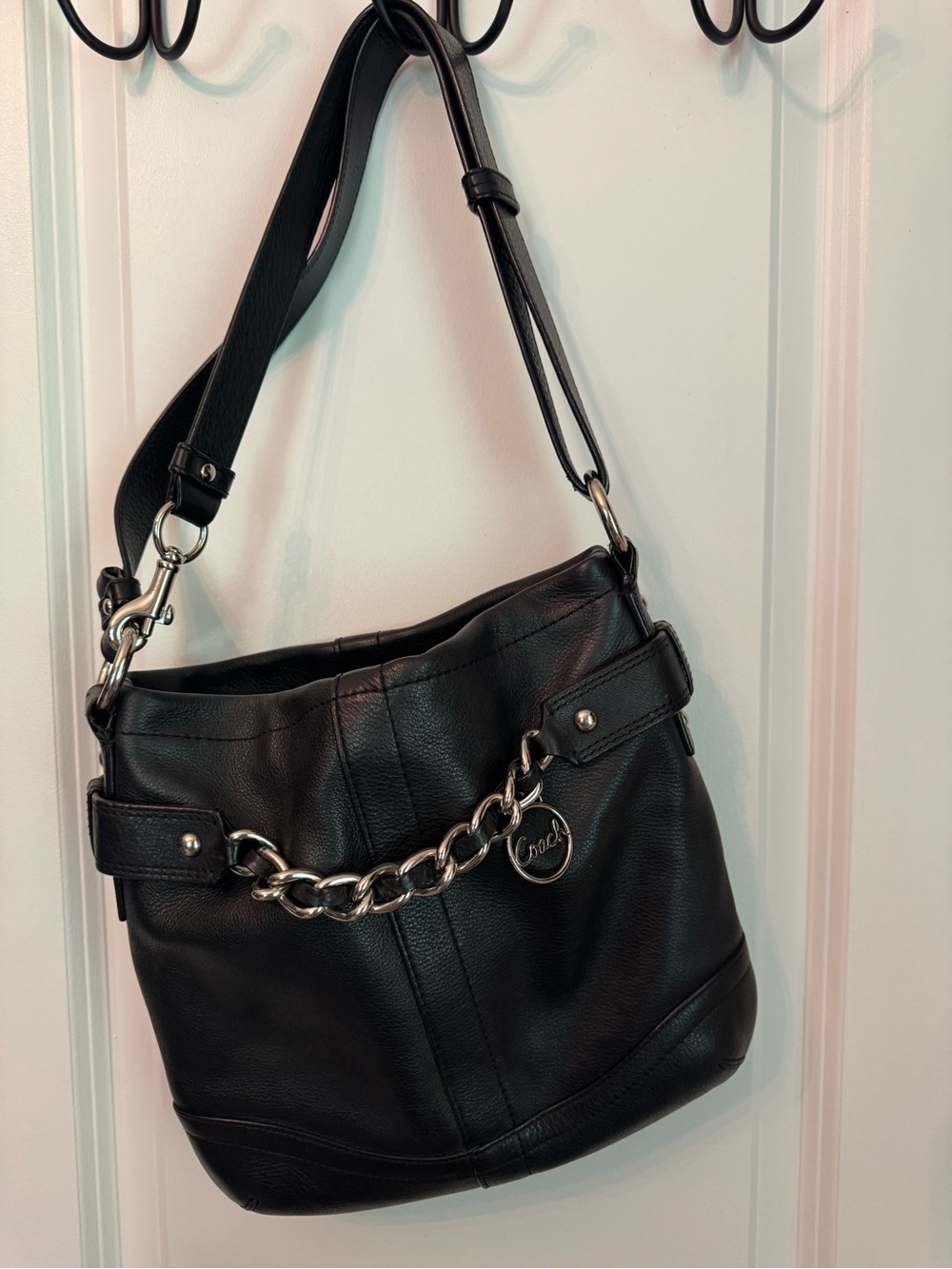 Coach Black Pebbled Leather Shoulder Bag with Silver Chain